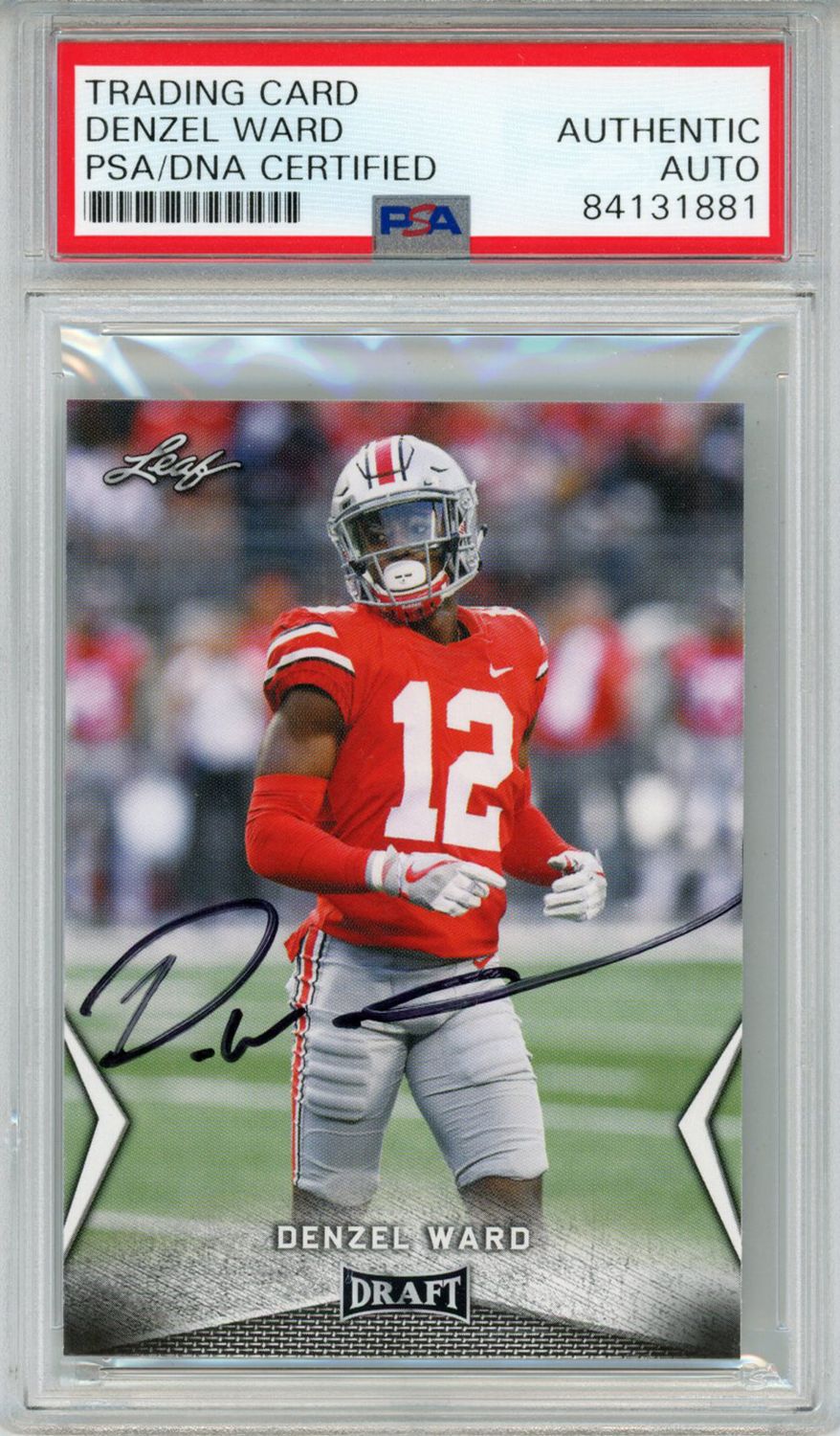 Denzel Ward Autographed/Signed 2018 Leaf Draft #17 Trading Card PSA Slab