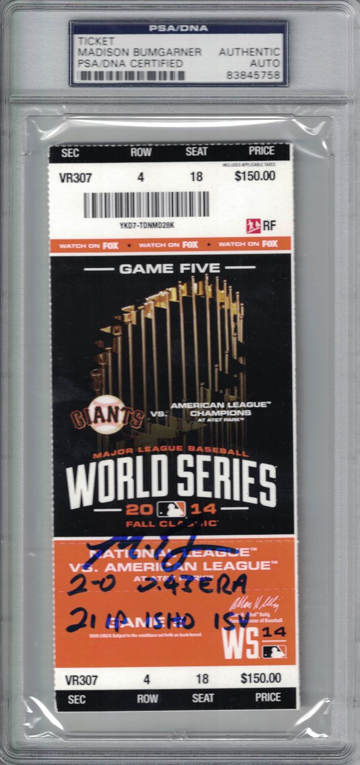 Madison Bumgarner Signed 2014 World Series Game 5 Ticket 5 Stats PSA Slab
