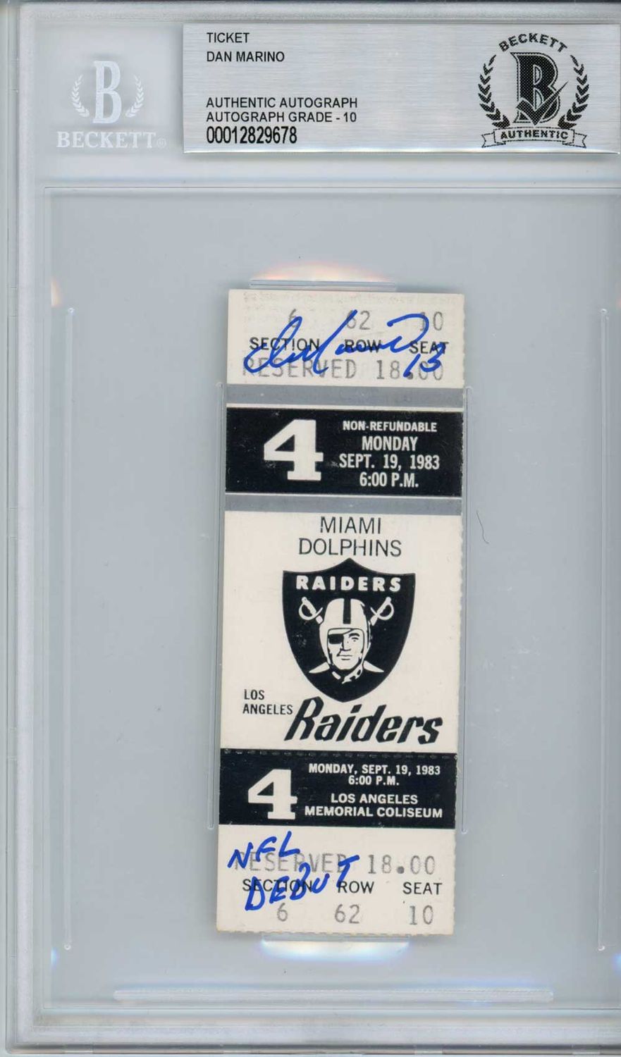 Dan Marino Autographed/Signed Dolphins 1983 NFL Debut Ticket BAS Slab