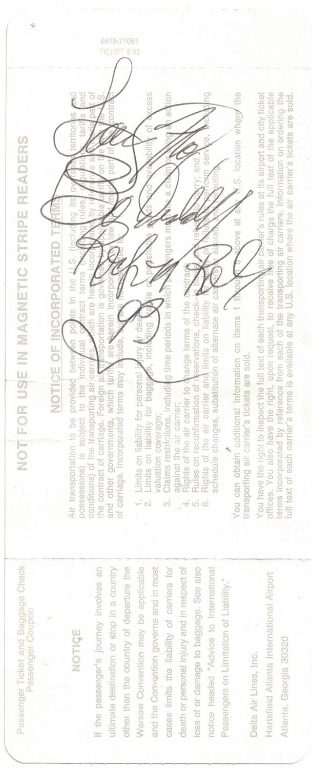 Bo Diddley Autographed/Signed Plane Ticket Rock N Roll