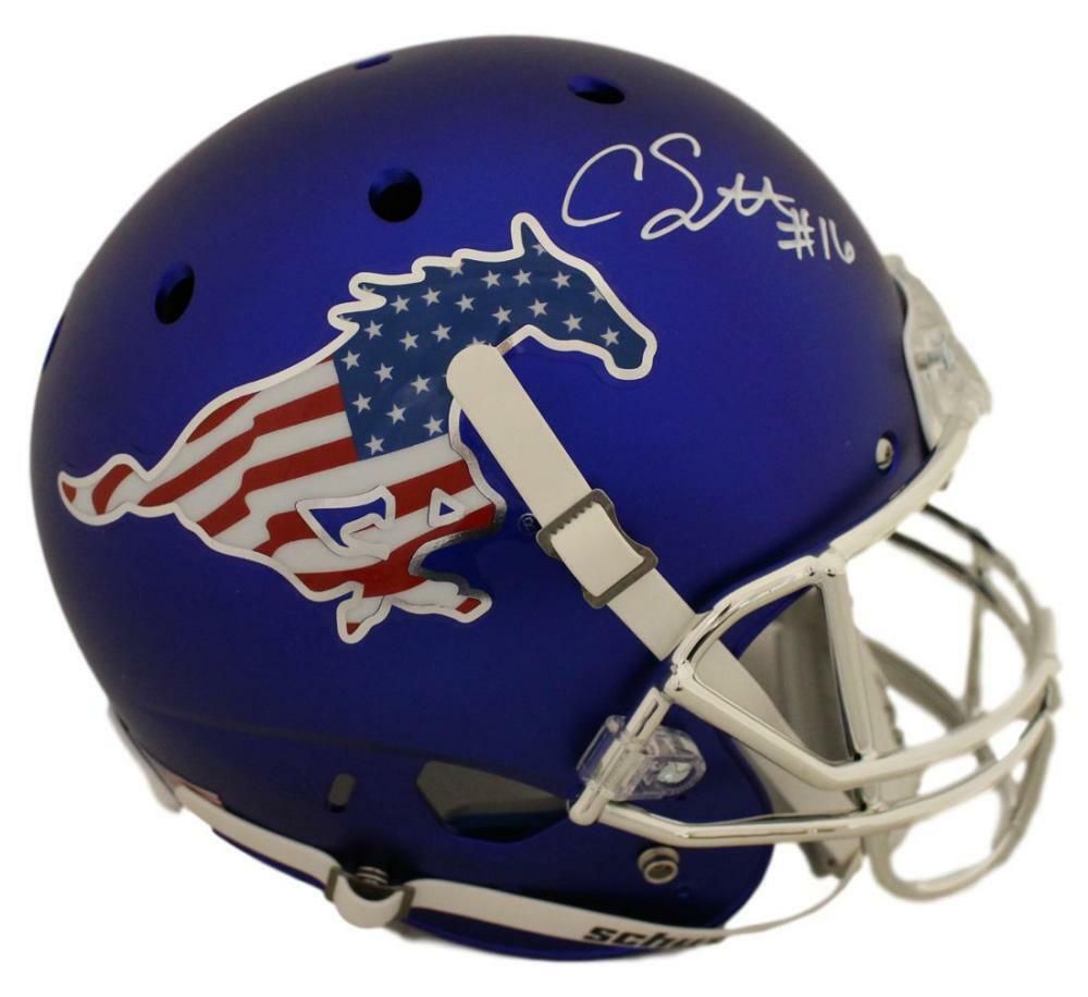 Courtland Sutton Autographed SMU Mustangs Schutt Blue Replica Helmet JSA