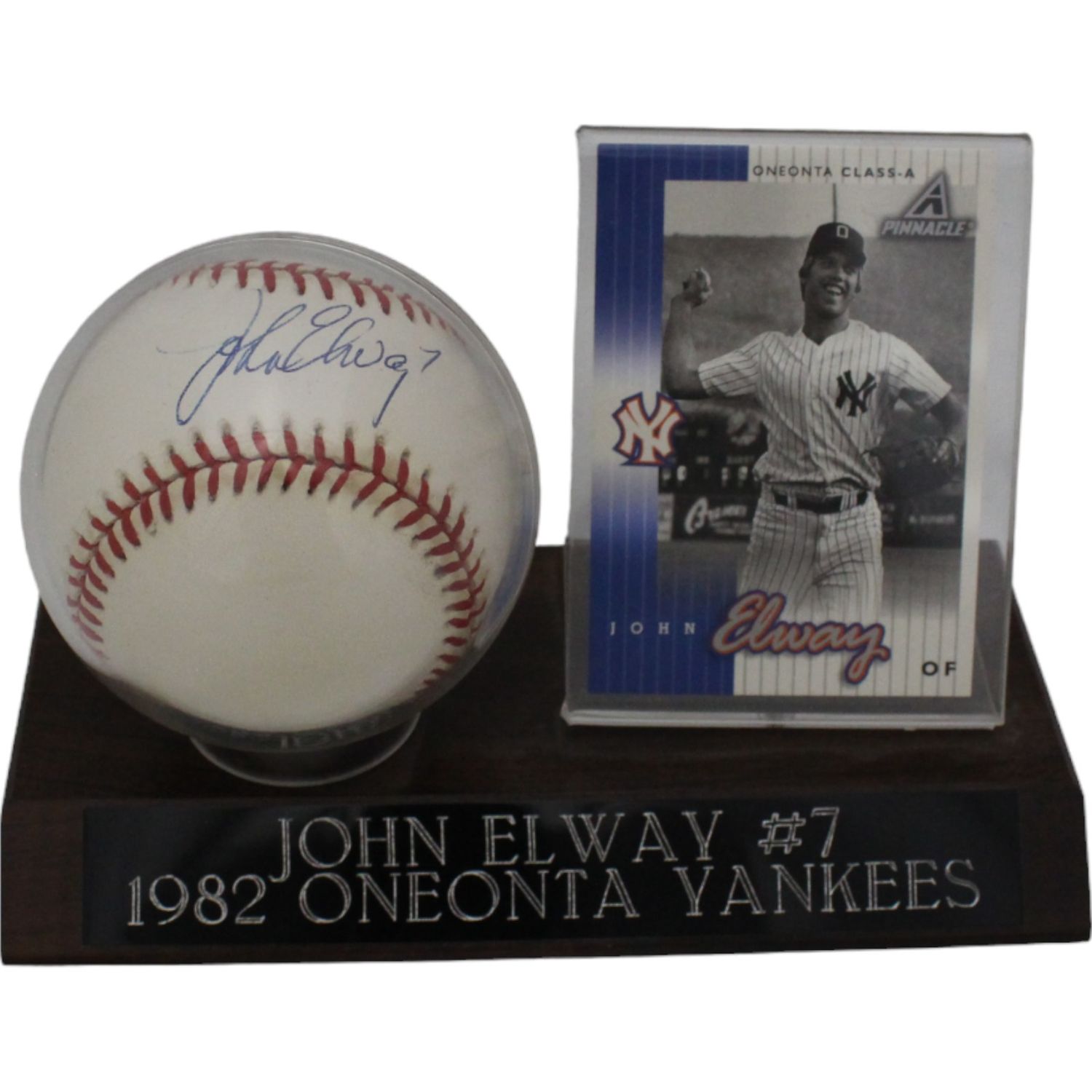 John Elway Signed American League Baseball w/Card Stand Yankees BAS 44703