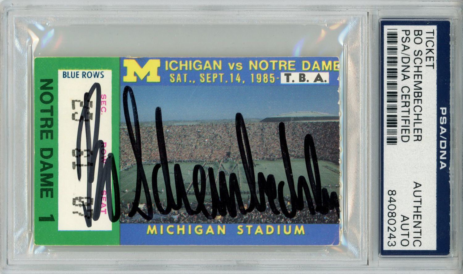 Bo Schembechler Signed 9/14/1985 Michigan Ticket Stub vs Notre Dame PSA
