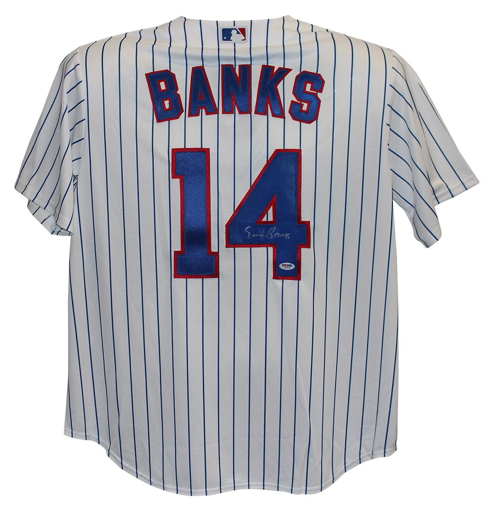 Ernie Banks Autographed/Signed Chicago Cubs Majestic White XL Jersey PSA