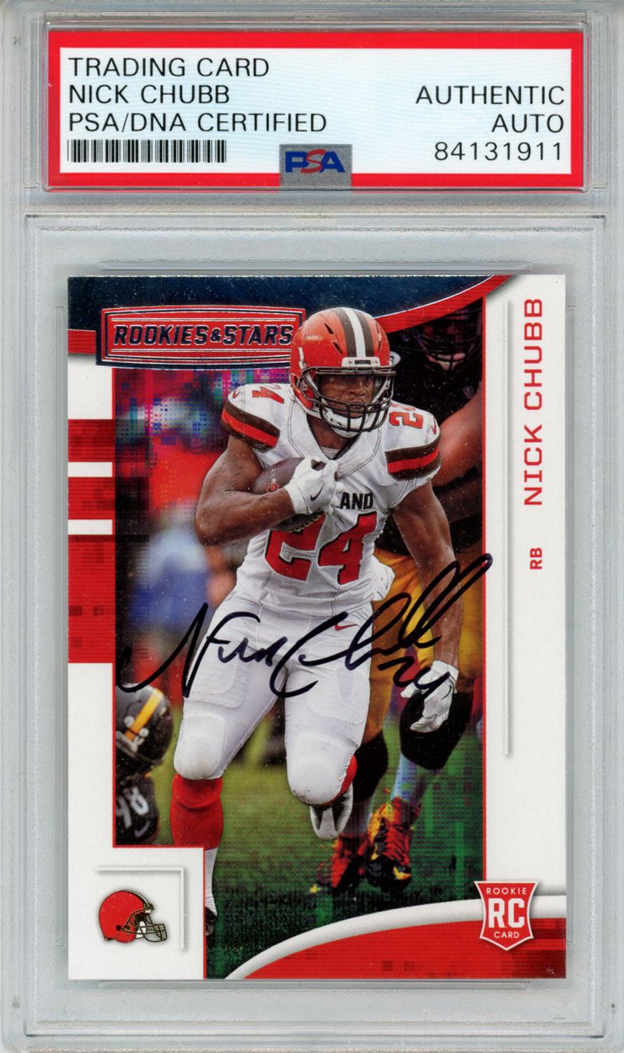Nick Chubb Signed 2018 Panini Rookies &amp; Stars #113 Trading Card PSA Slab