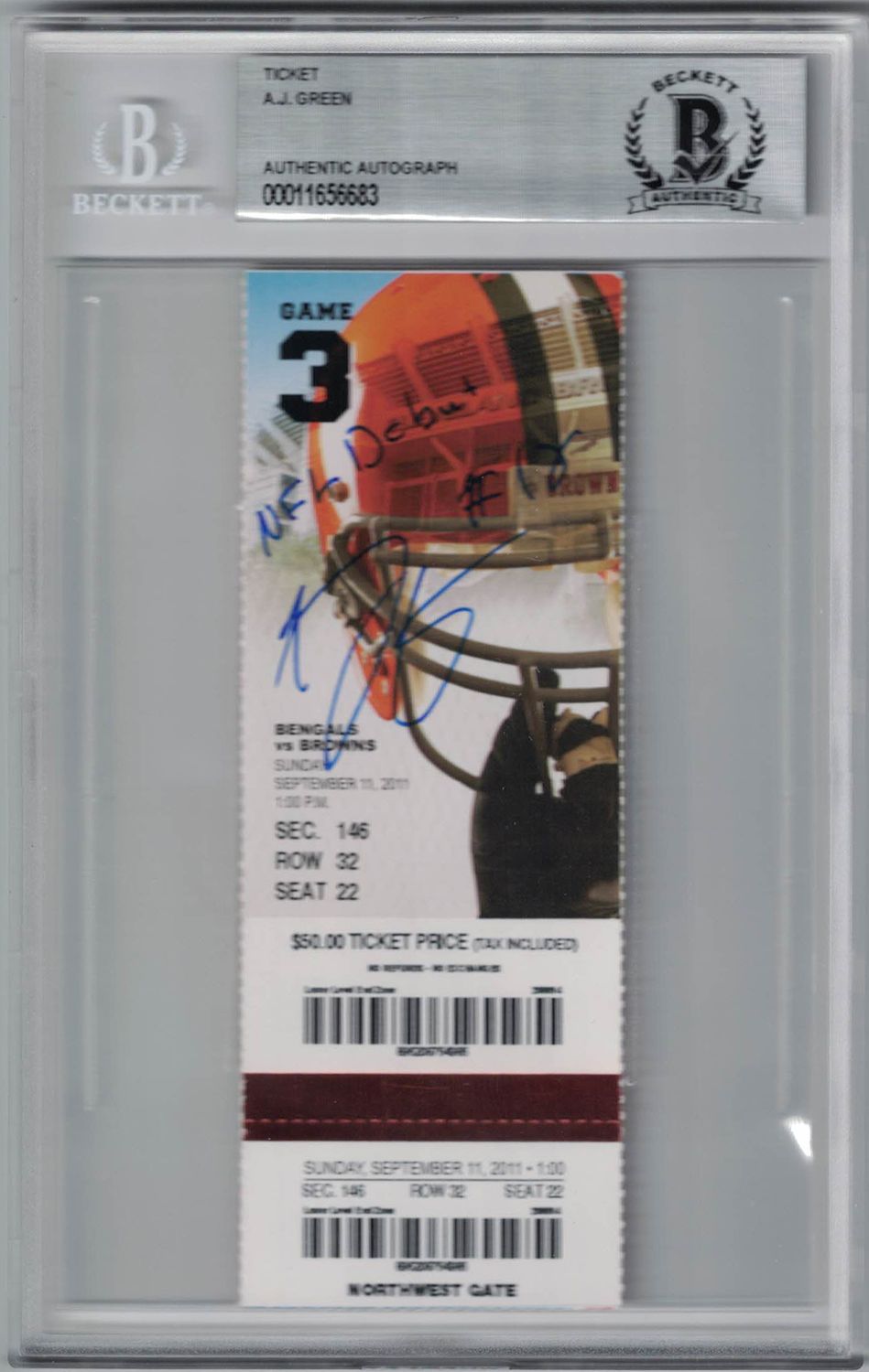 AJ Green Autographed/Signed Cincinnati Bengals Ticket NFL Debut BAS Slab