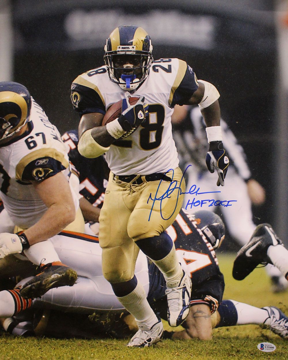 Marshall Faulk Autographed/Signed St Louis Rams 16x20 Photo HOF BAS
