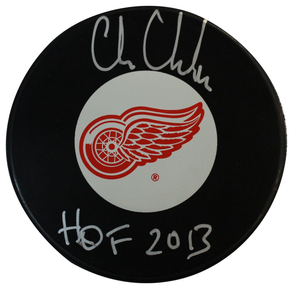 Chris Chelios Autographed/Signed Detroit Red Wings Puck HOF 2013 Beckett