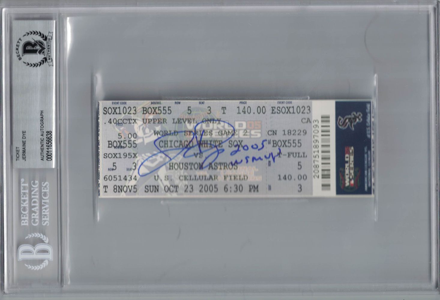 Jermaine Dye Signed Chicago White Sox World Series Ticket WS MVP BAS Slab