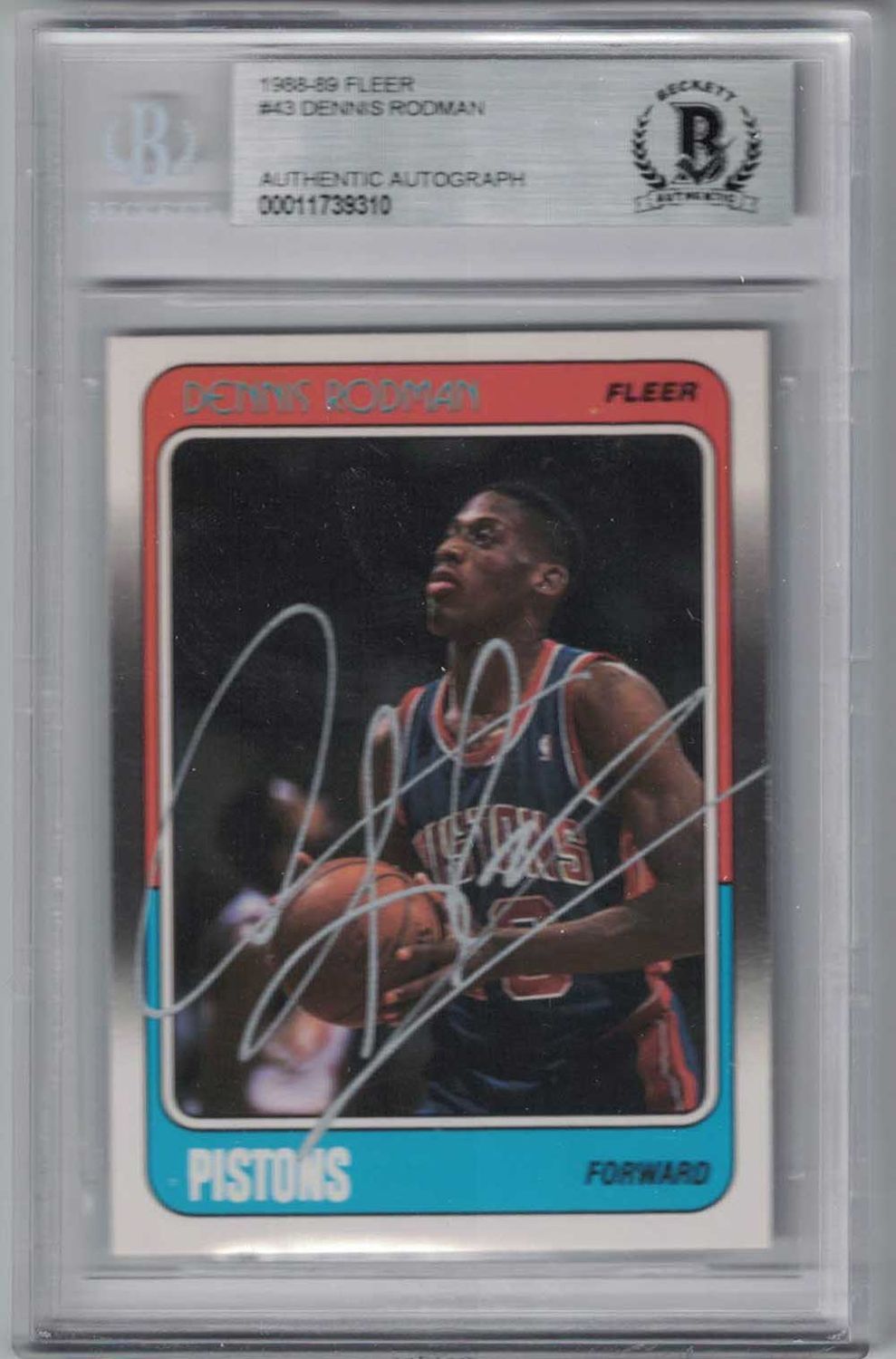 Dennis Rodman Autographed Detroit Pistons 1988 Fleer #43 Card BAS Slab