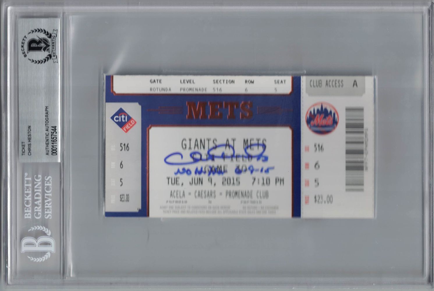 Chris Heston Signed San Francisco Giants Club Level Ticket No Hitter BAS