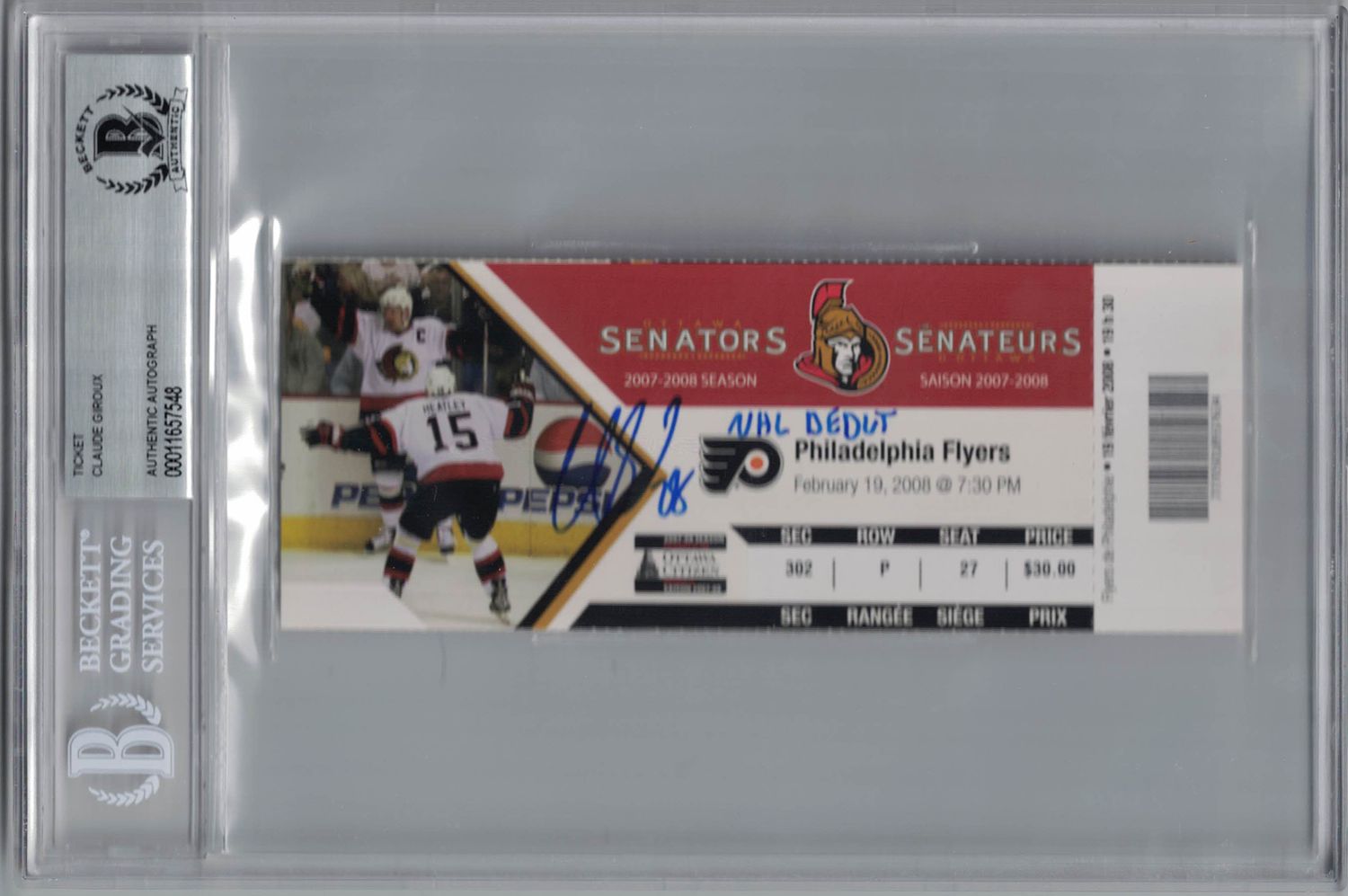 Claude Giroux Autographed Philadelphia Flyers Ticket NHL Debut BAS Slab
