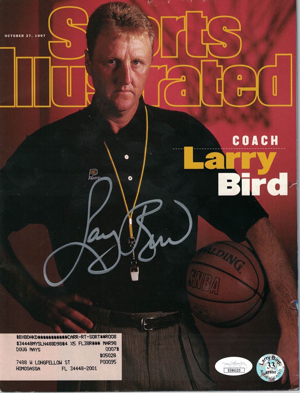 Larry Bird Autographed Indiana Pacers Sports Illustrated 10/27/1997 JSA