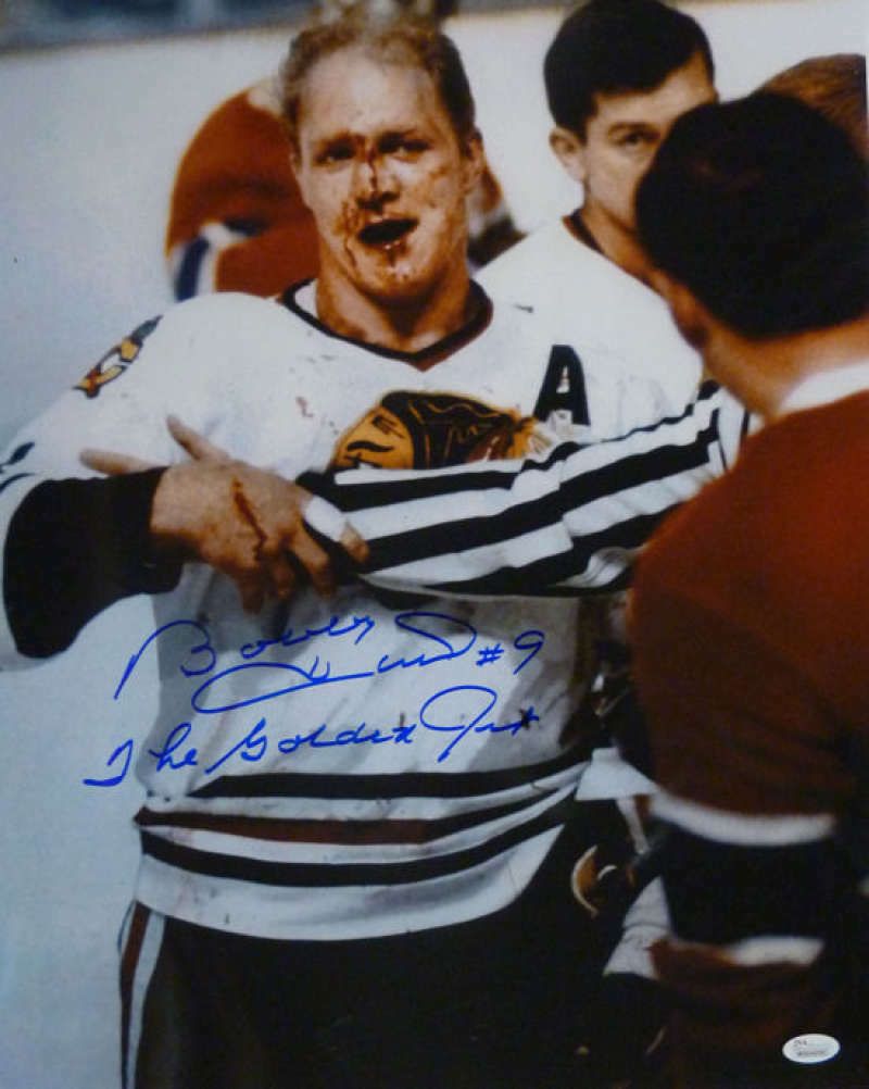 Bobby Hull Autographed Bloody Chicago Blackhawks 16x20 Photo w/The Golden Jet JSA