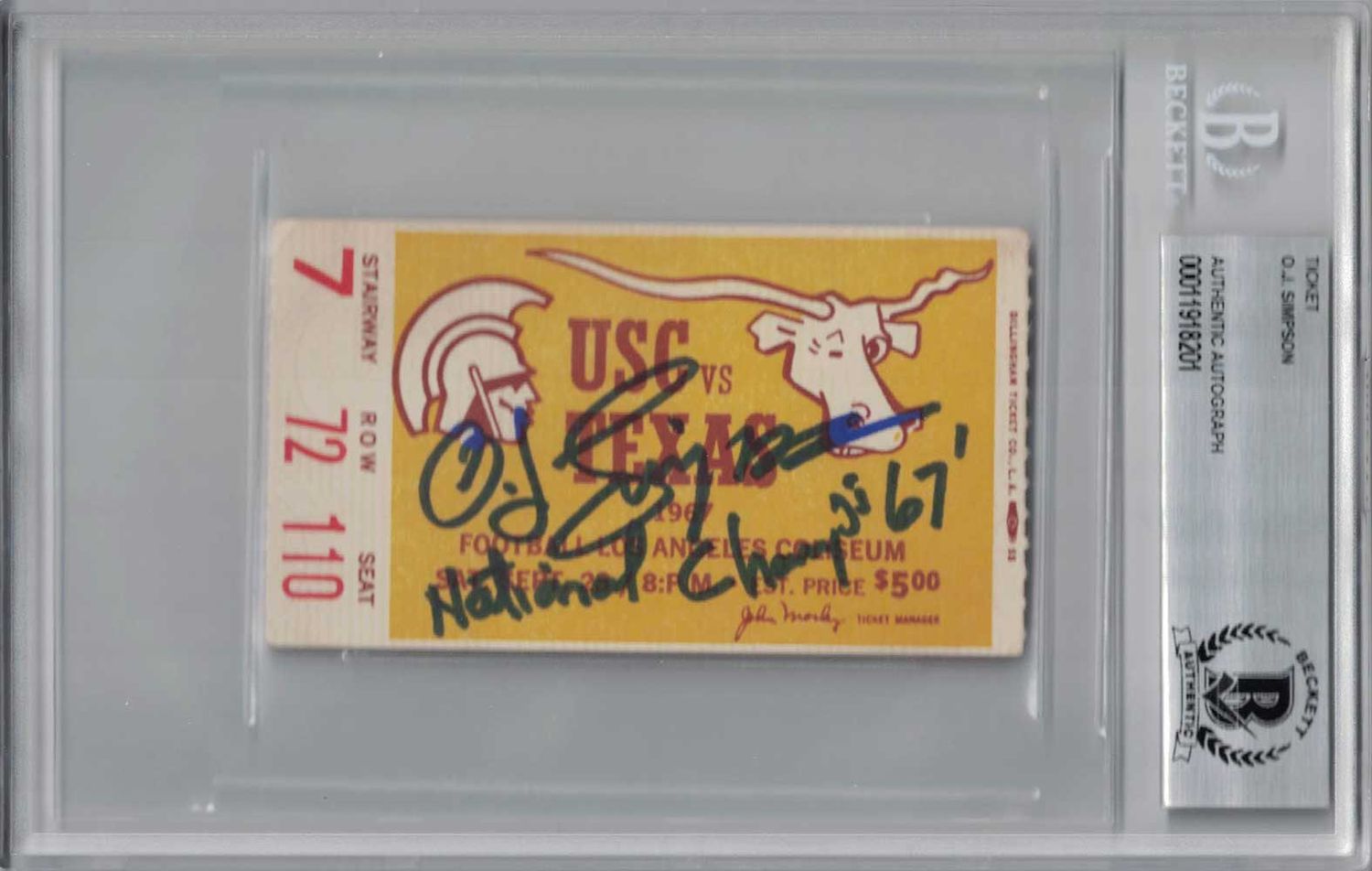 O.J. Simpson Signed 1967 USC Trojans vs Texas Ticket Seat 110 Champs BAS