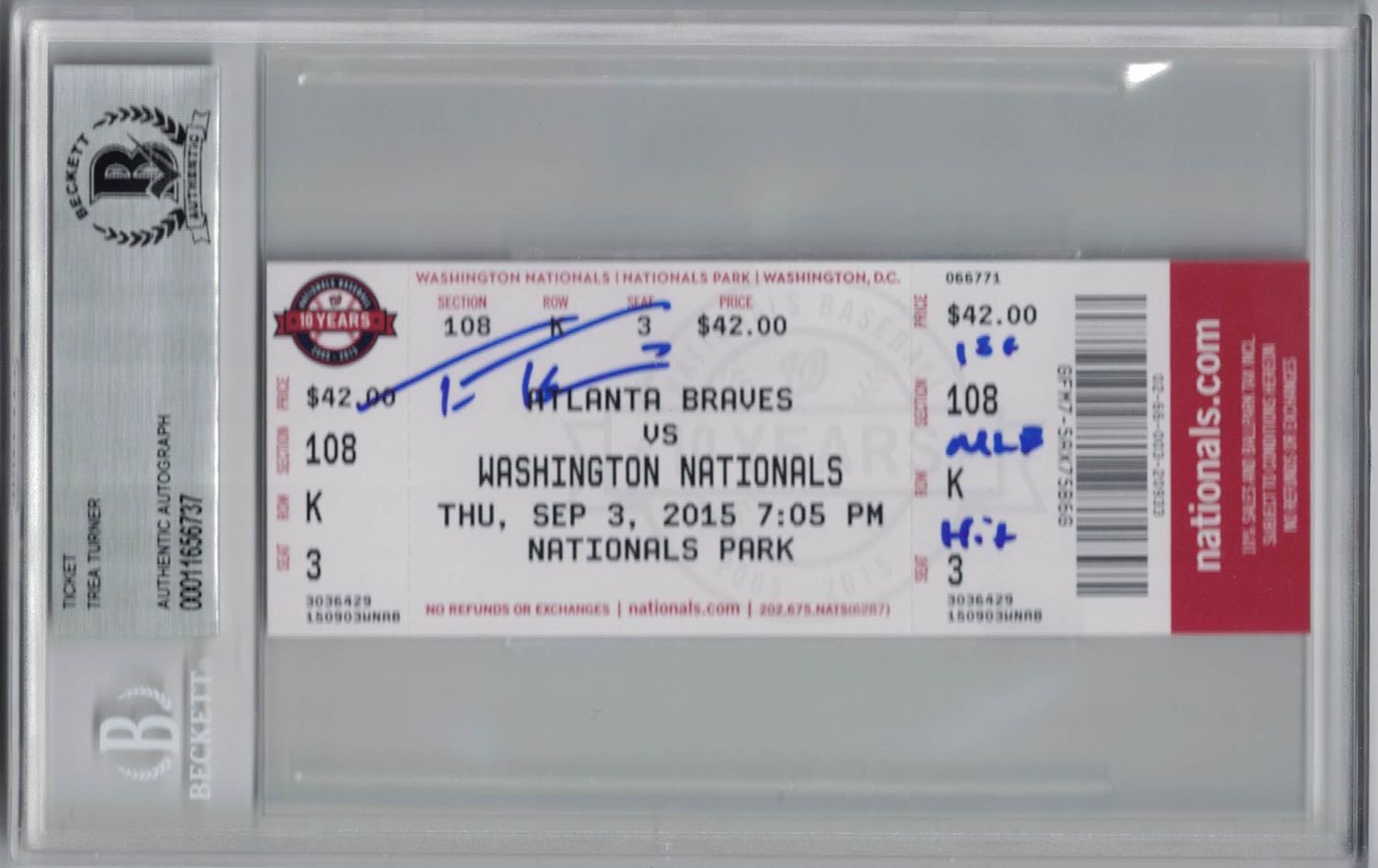 Trae Turner Autographed Washington Nationals Ticket 1st MLB Hit BAS Slab