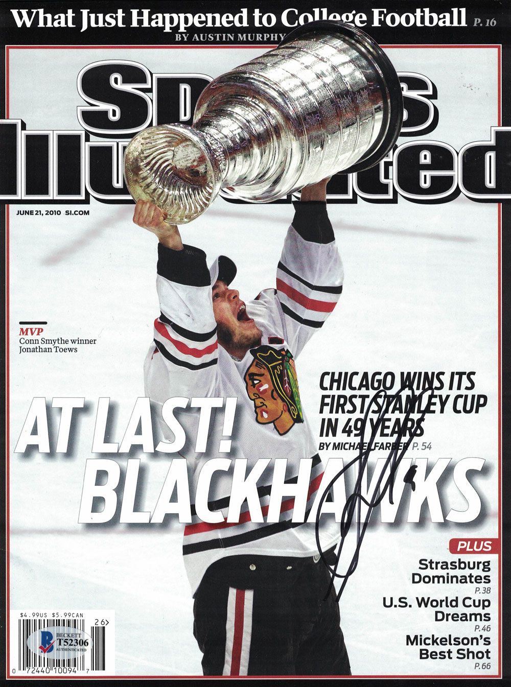 Jonathan Toews Signed Chicago Blackhawks Sports Illustrated Magazine BAS