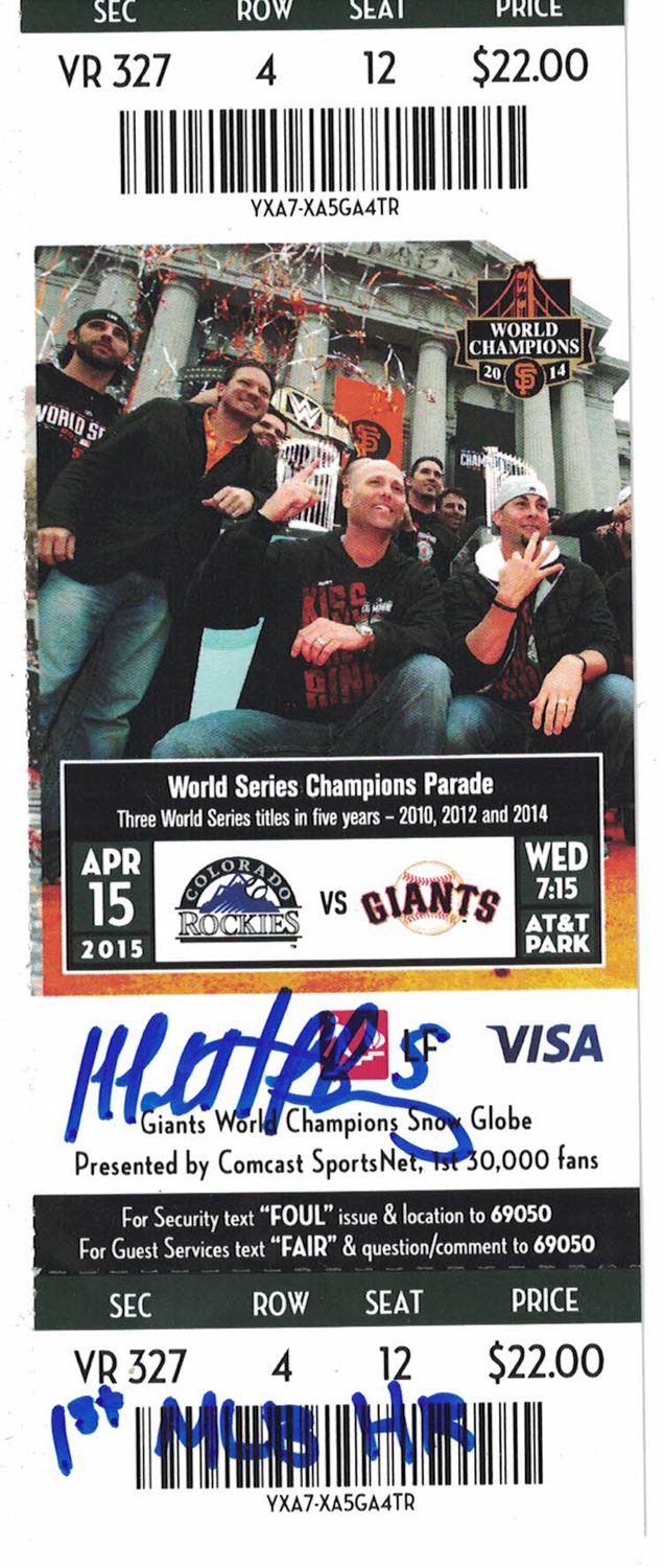 Matt Duffy Autographed/Signed San Francisco Giants Ticket 1st MLB HR JSA