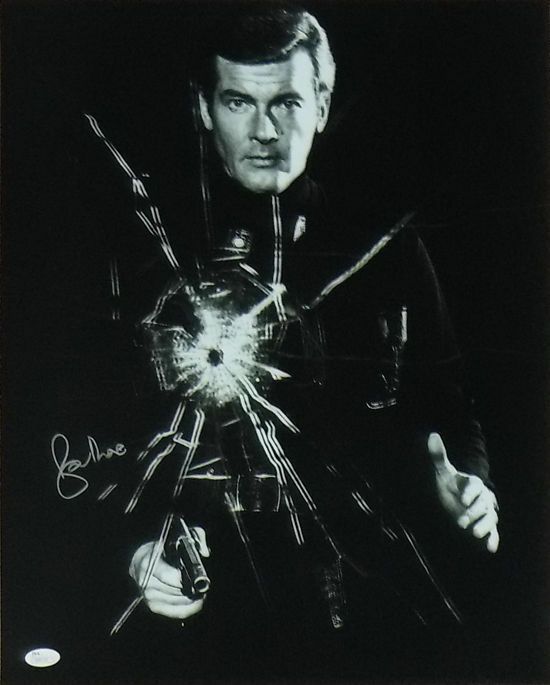 Roger Moore Autographed James Bond 16x20 Photo (Bullet Hole) JSA