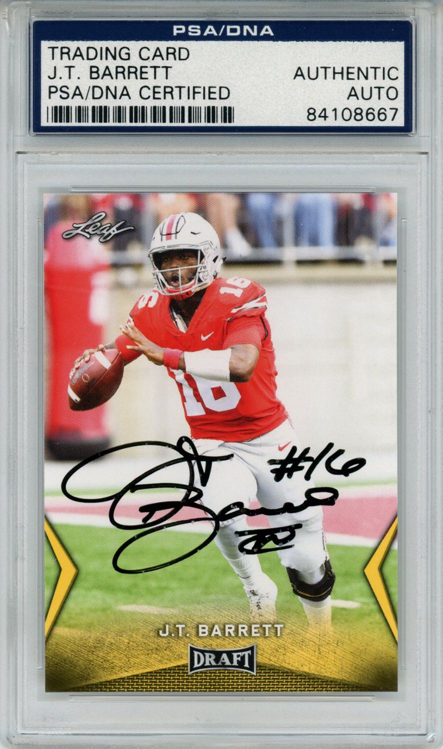 J.T. Barrett Autographed 2018 Leaf Draft Gold #26 Trading Card PSA Slab