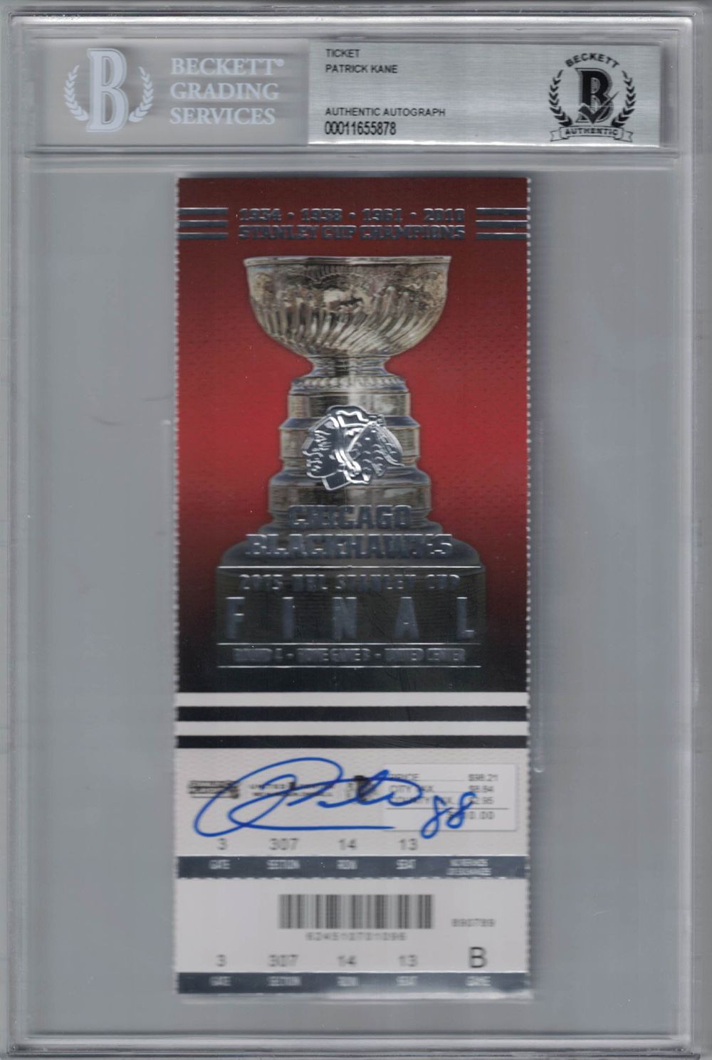 Patrick Kane Autographed Chicago Blackhawks Stanley Cup Ticket BAS Slab