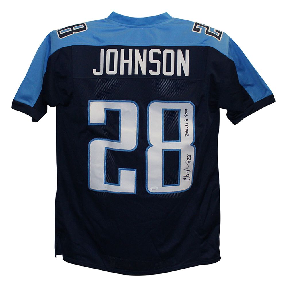 Chris Johnson Autographed Tennessee Titans Blue XL Jersey 2006 Yds JSA