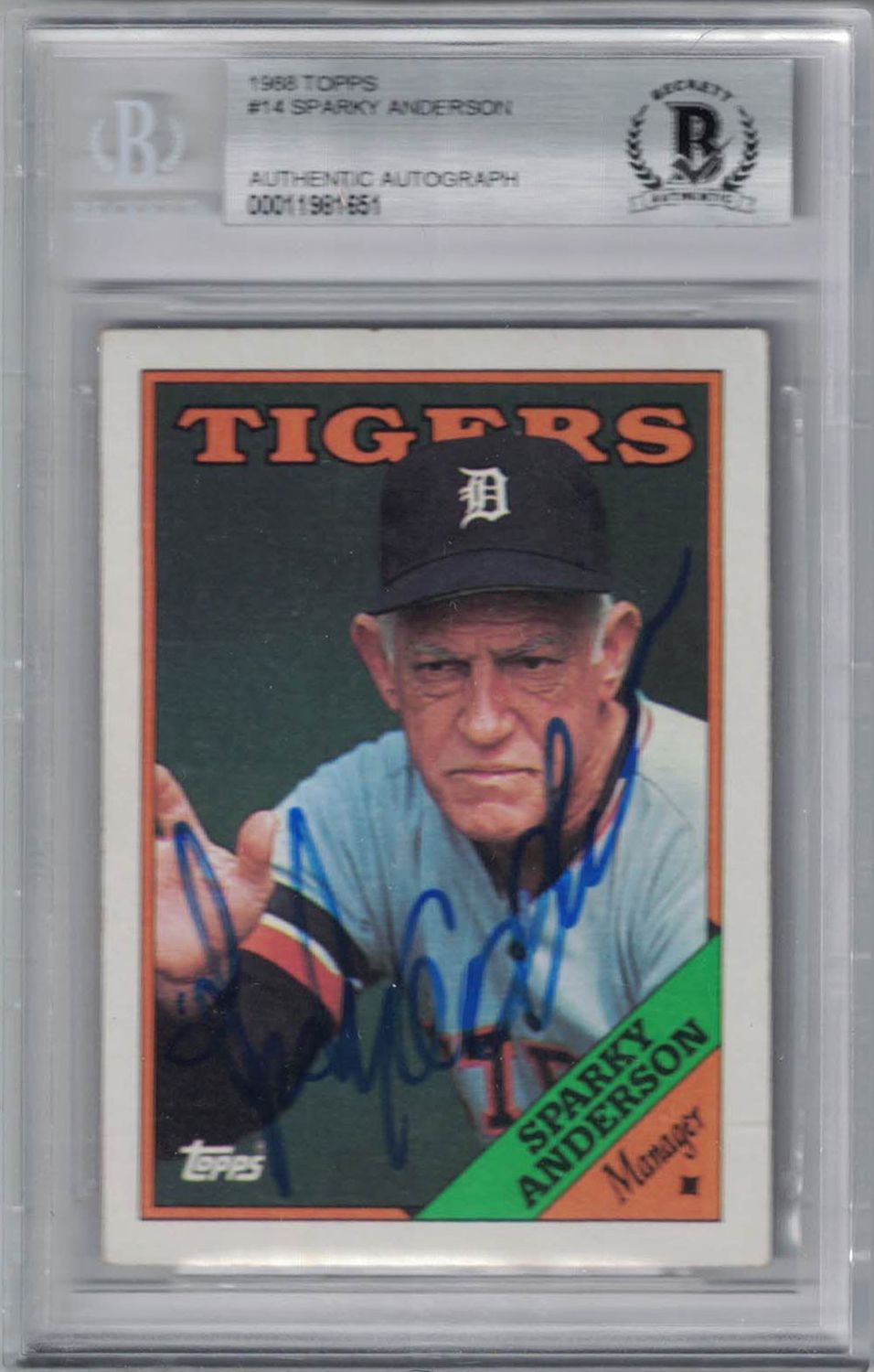 Sparky Anderson Autographed Detroit Tigers 1988 Topps #14 Trading Card BAS