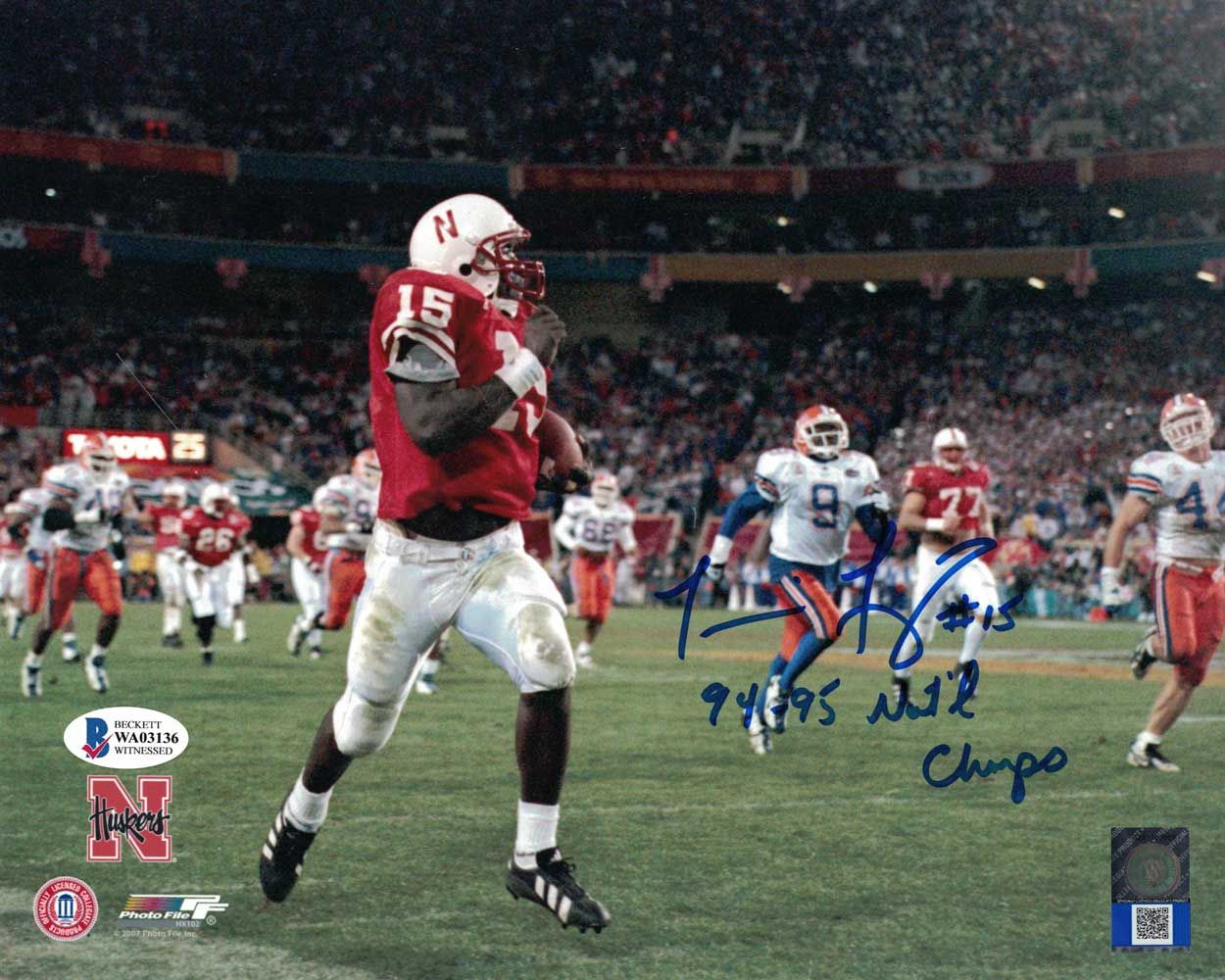 Tommie Frazier Autographed Nebraska Cornhuskers 8x10 Photo Champs BAS PF