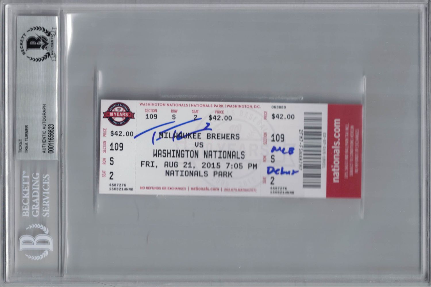Trea Turner Autographed Washington Nationals Ticket MLB Debut BAS Slab
