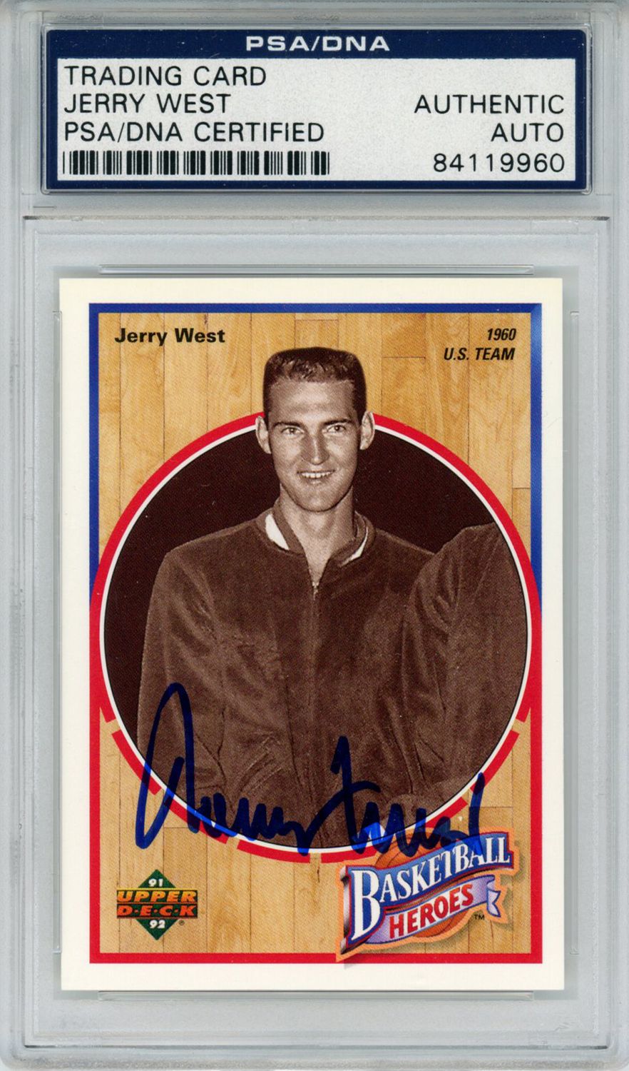 Jerry West Signed 1992 Upper Deck Basketball Heroes Card 2/9 PSA Slab