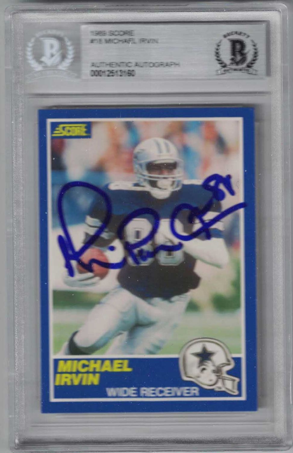 Michael Irvin Autographed Dallas Cowboys 1989 Score Trading Card BAS Slab