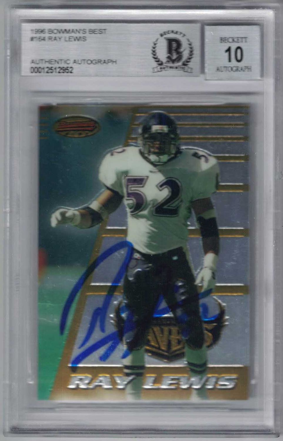 Ray Lewis Autographed Ravens 1996 Bowman's Best Trading Card BAS 10 Slab