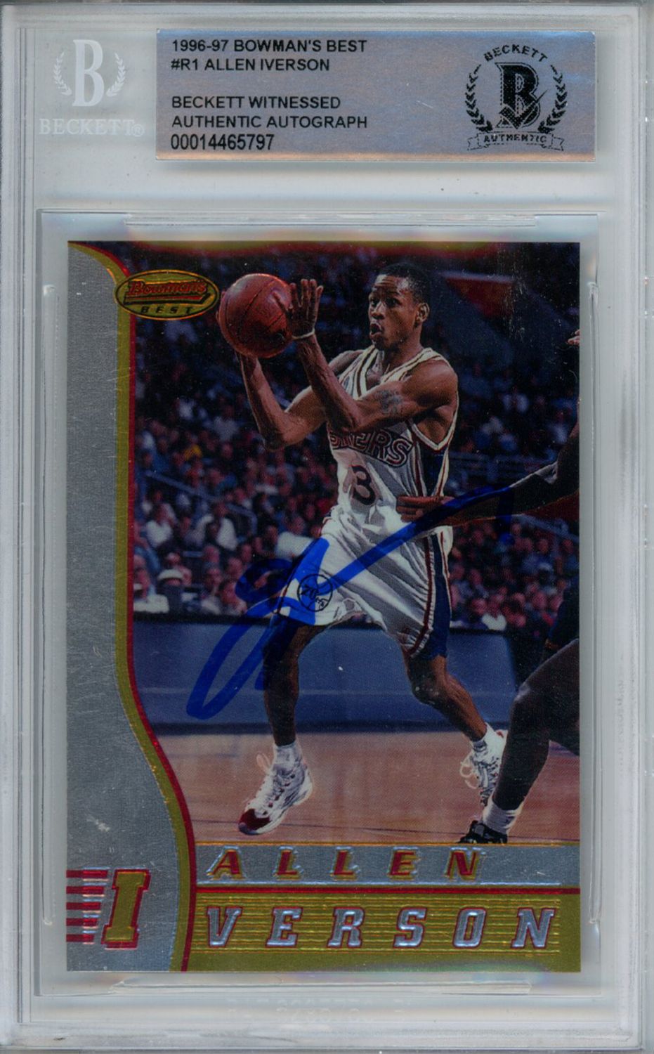 Allen Iverson Signed 1996-97 Bowman&#39;s Best #R1 Rookie Card Beckett Slab