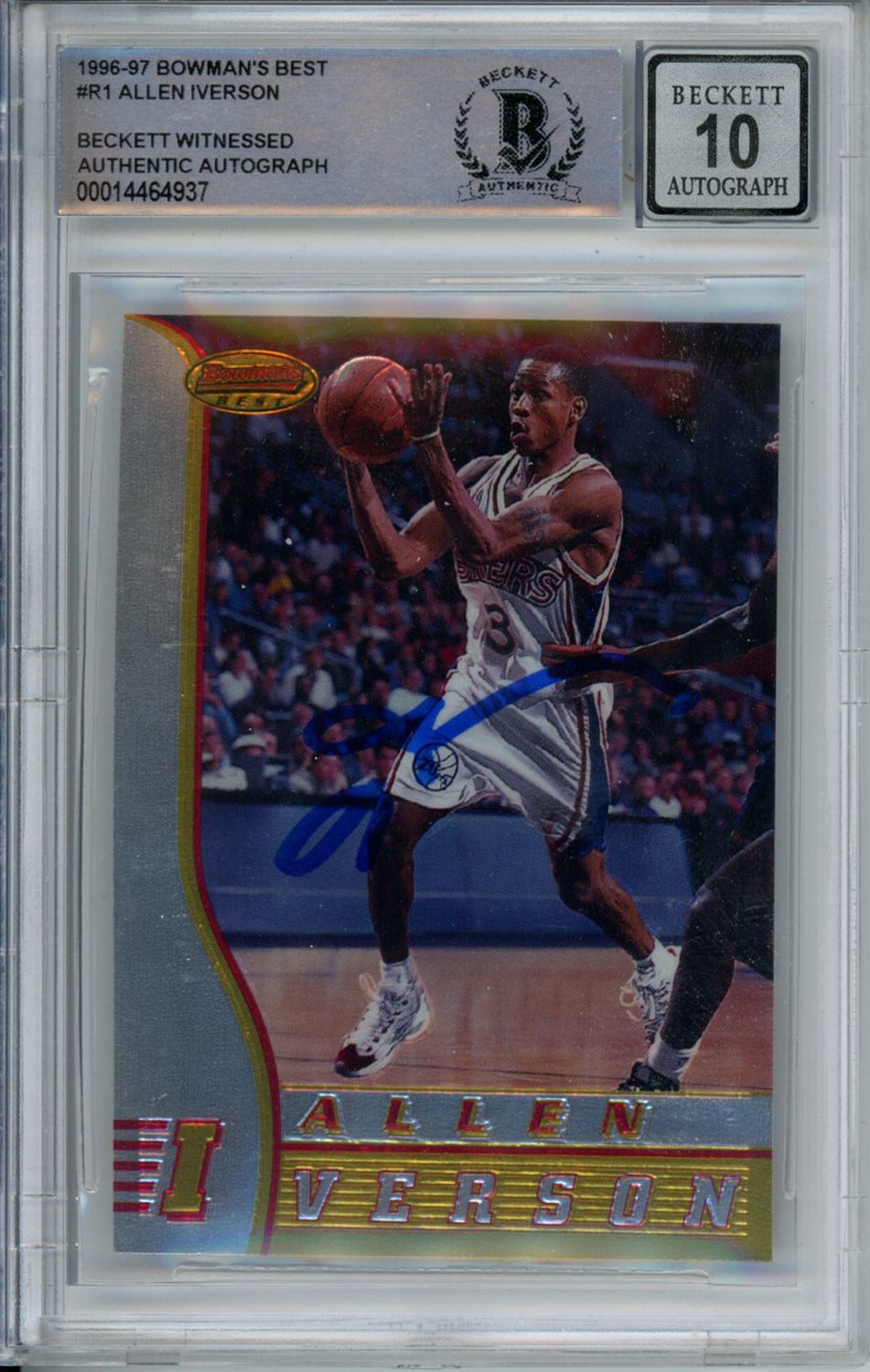Allen Iverson Signed 1996-97 Bowman&#39;s Best #R1 Rookie Card Beckett 10 Slab