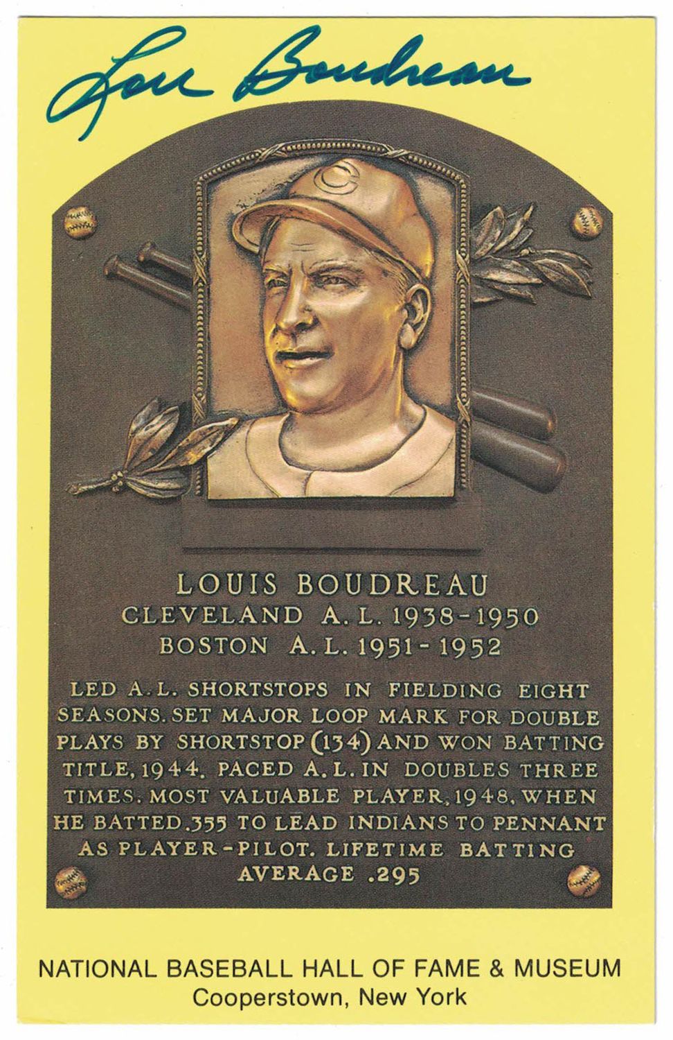 Lou Boudreau Autographed Cleveland Indians Hall Of Fame Plaque Postcard BAS