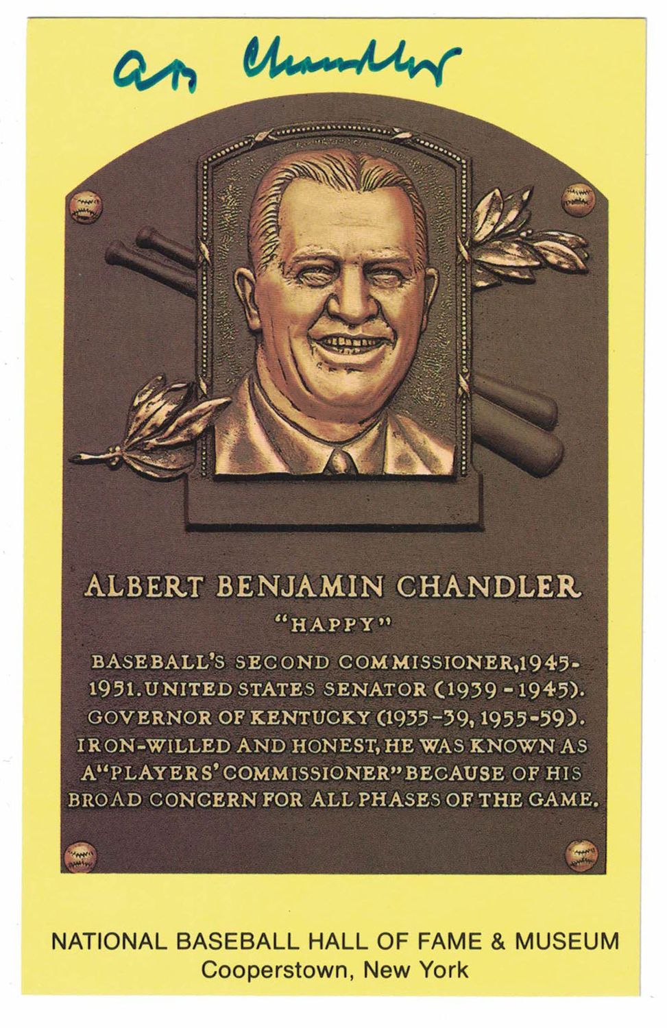 Albert Chandler Autographed/Signed MLB Hall Of Fame Plaque Postcard BAS