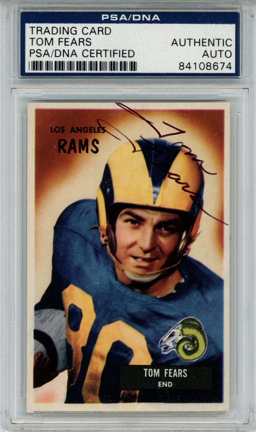 Tom Fears Autographed/Signed 1955 Bowman #43 Trading Card PSA Slab