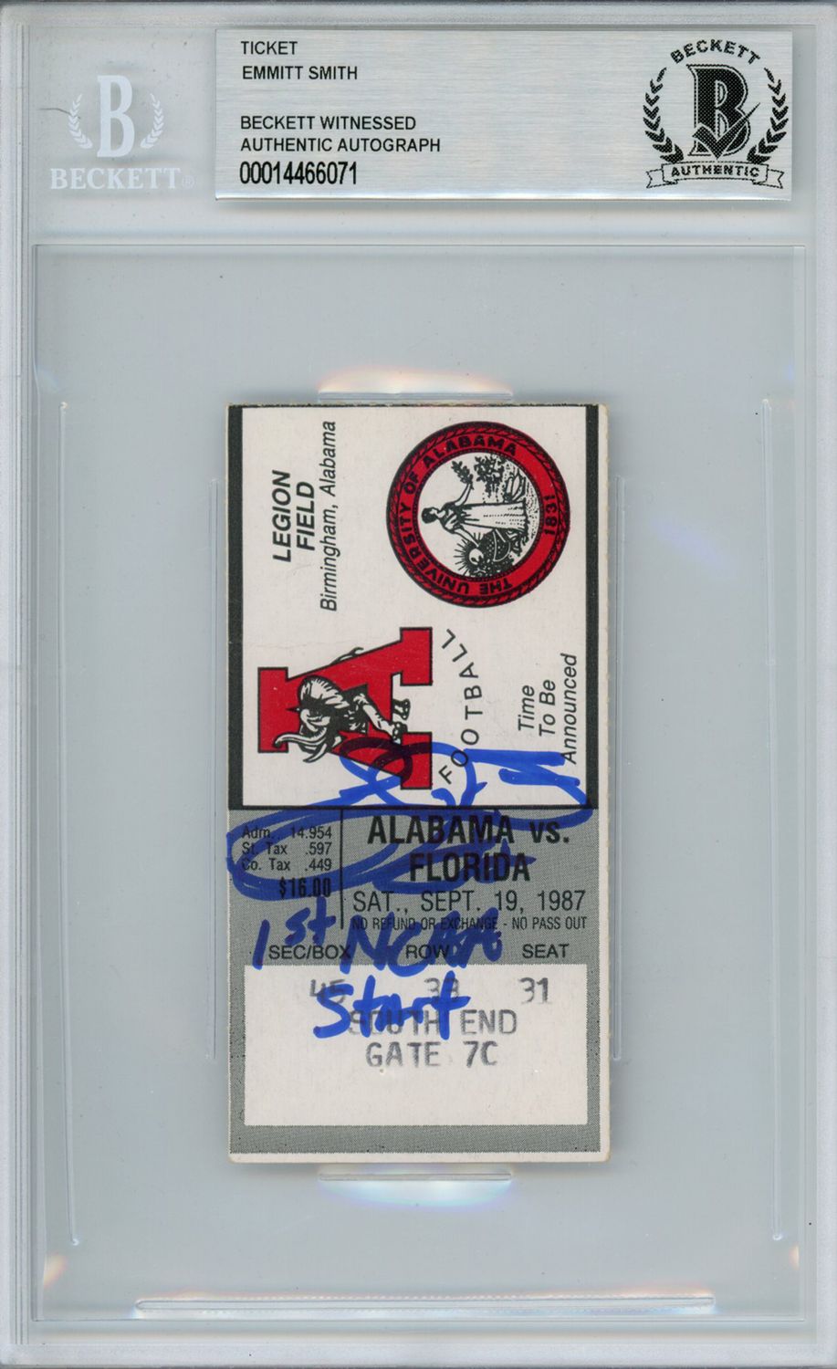 Emmitt Smith Signed Florida 9/19/1987 Ticket Stub 1st NCAA Start BAS Slab