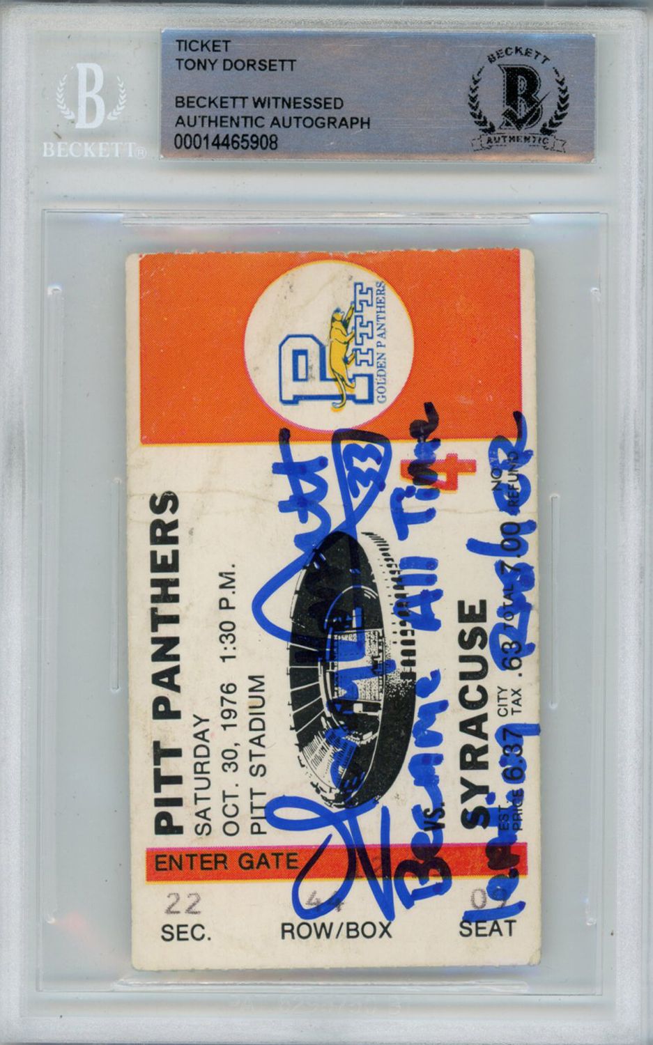Tony Dorsett Signed 10/30/1976 Ticket Stub Became All Time Rusher BAS Slab