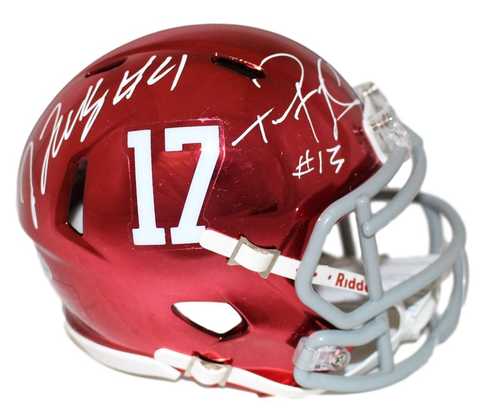 Tua Tagovailoa &amp; Jerry Jeudy Signed Alabama Chrome Mini Helmet BAS
