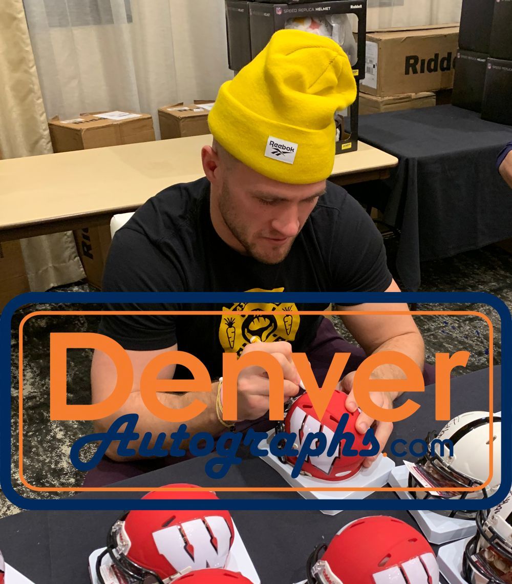 TJ Watt Autographed/Signed Wisconsin Badgers AMP Mini Helmet JSA