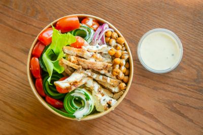 grilled chicken salad with crispy chickpeas