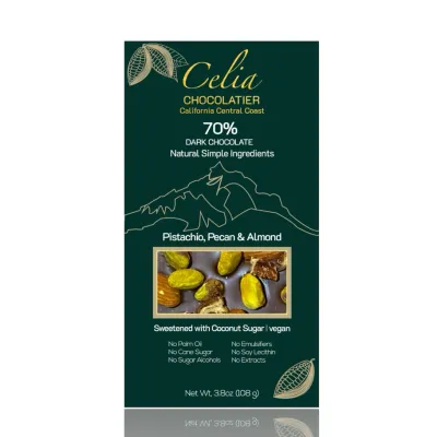 Celia - 70% Dark Chocolate Bar | Pistachios, Pecans, Almonds