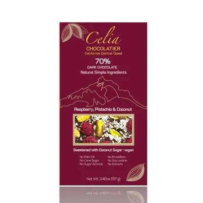 Celia - 70% Dark Chocolate | Raspberry, Pistachio, Coconut Celia - 70% Dark Chocolate | Raspberry, Pistachio, Coconut