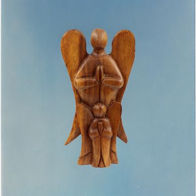 Engel met kindje engel, handgemaakt uit hout gesneden