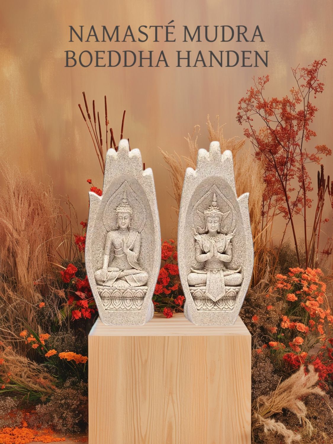 Namasté, boeddha handen van polyresin zandkleur