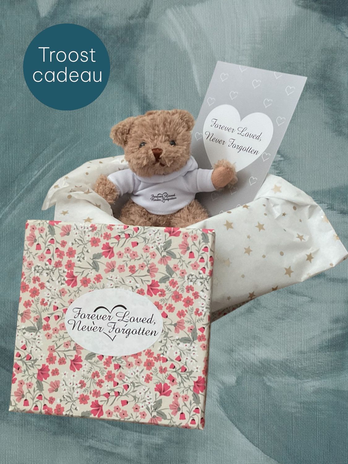 Troost cadeau set, pluche beertje met tekst op shirtje, kaart en mooie bewaarbox
