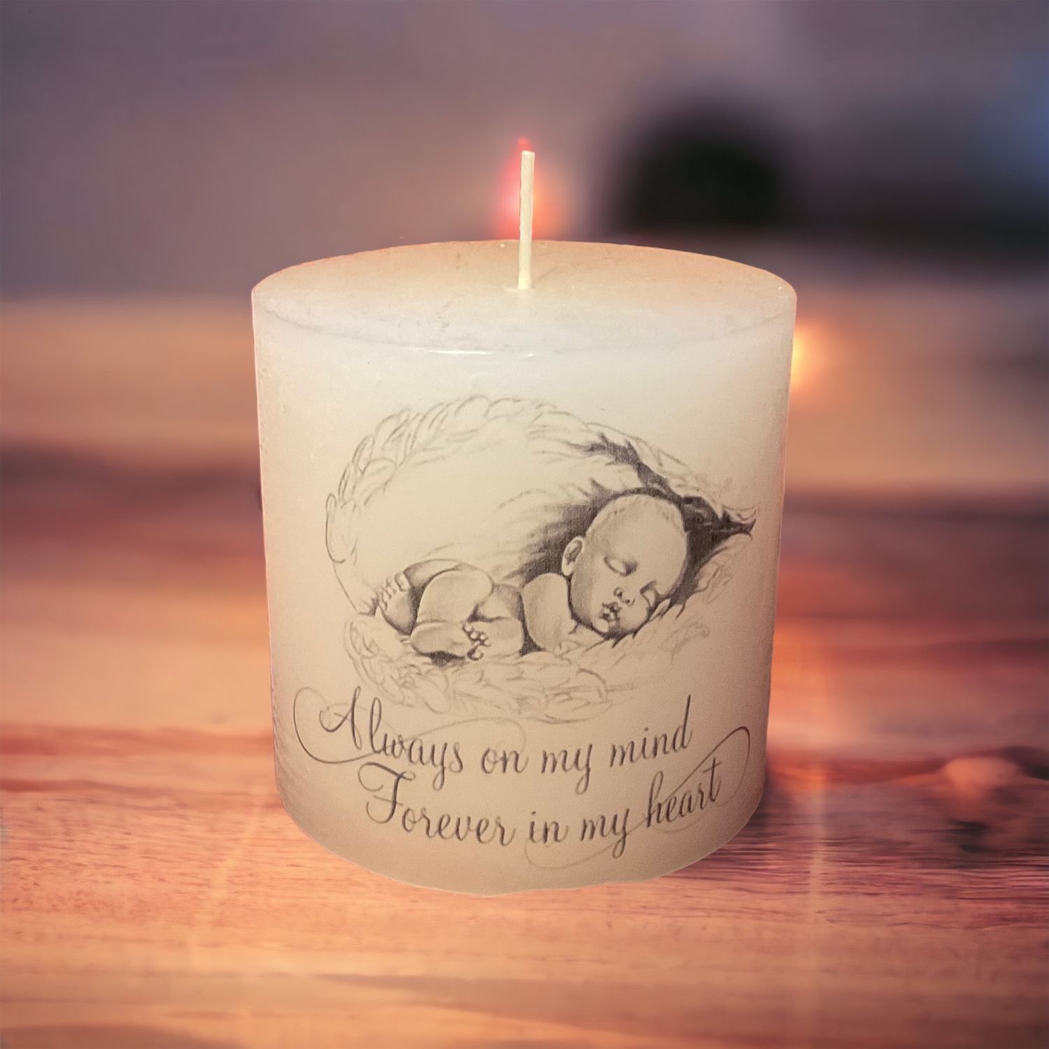 Dikke kaars, met baby en tekst, troostcadeau