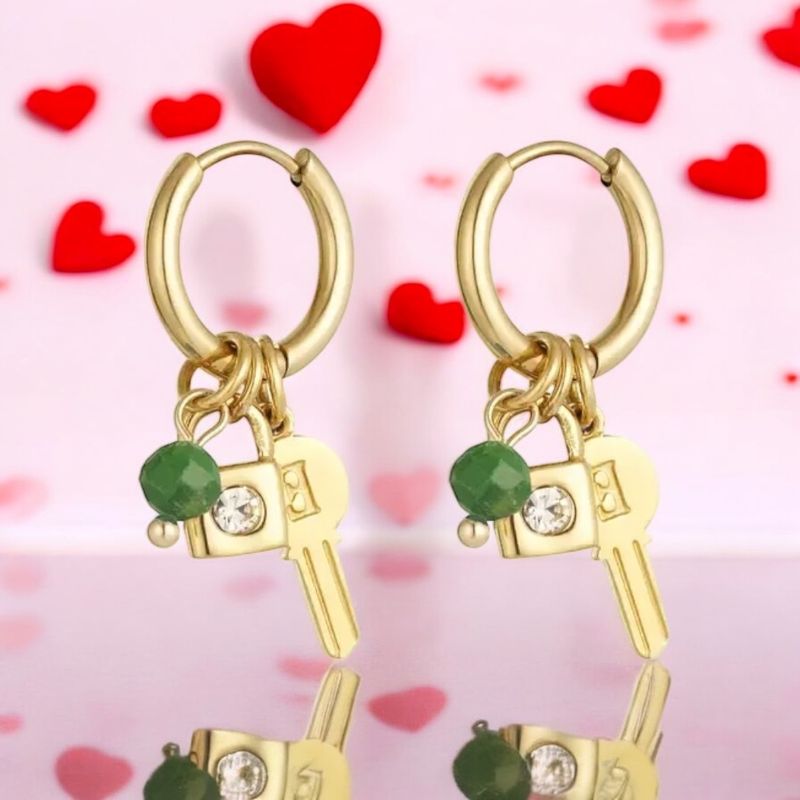 Oorbellen RVS, met Love sleuteltje en slotje