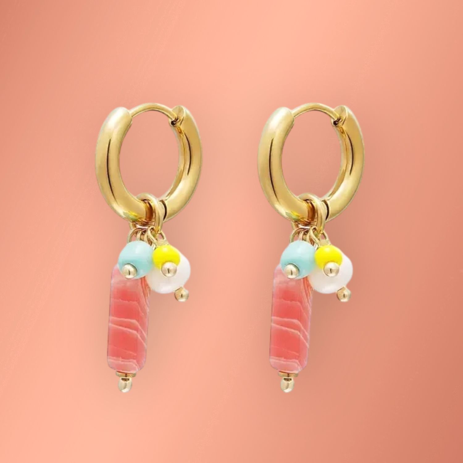 Oorbellen RVS, met rood/roze Hematiet steen